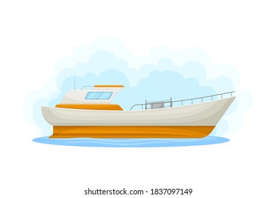 White Luxury Yacht with Cabin as Water Transport Vector Illustration