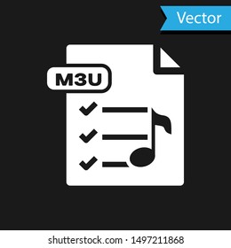 White M3U file document. Download m3u button icon isolated on black background. M3U file symbol.  Vector Illustration