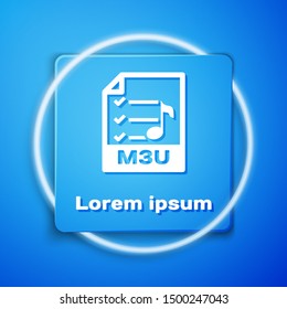 White M3U file document. Download m3u button icon isolated on blue background. M3U file symbol. Blue square button. Vector Illustration