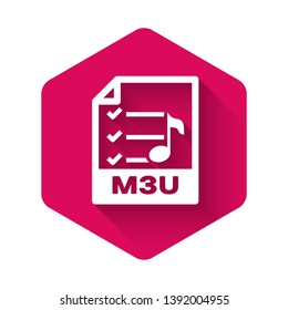 White M3U file document icon. Download m3u button icon isolated with long shadow. M3U file symbol. Pink hexagon button. Vector Illustration