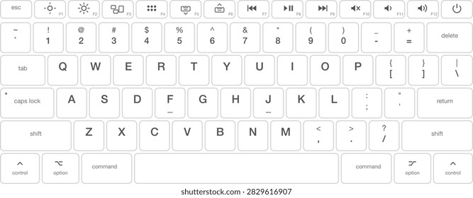White Mac Style Computer Keyboard Layout with QWERTY Keys, Function Controls, Media Buttons, Command Keys, Navigation Arrows, and Minimal Technology Design