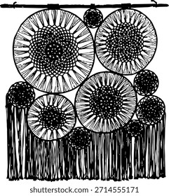 Decoração de parede de macrame branco com padrões circulares e borlas. Artesanato estilo boêmio. Limpar imagem em preto e branco, ideal para conversão de vetores ou uso como silhueta. Arte têxtil única