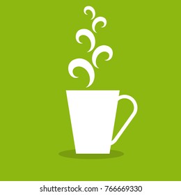 White Mag with steaming hot drink on a green background. Vector flat illustration.