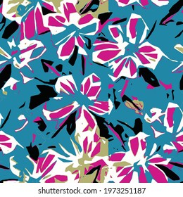 White and magenta  floral Drawing Vector Seamless Pattern. Blossom Summer Background. Light Felt pen Design. Floral bouquet  Floral Paper Texture.Designed in a modern style of cubism