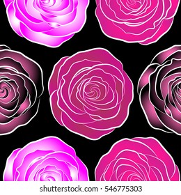 White, magenta and pink vector roses petals on a black background.
