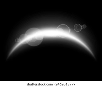 Arco mágico blanco con partículas brillantes, destello de lentes de luz solar. Arco de llamarada de energía realista neón. Efecto de luz abstracto plateado sobre fondo negro. Ilustración vectorial.