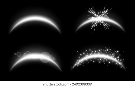 Arcos mágicos blancos engastados con partículas brillantes, destello de lente de luz solar plateada. Arco de llamarada de energía realista neón. Efecto de luz Abstractas sobre un fondo negro. Ilustración vectorial.