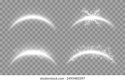 White magic arches set with glowing particles, silver sunlight lens flare. Neon realistic energy flare arch. Abstract light effect on a transparent background. Vector illustration.