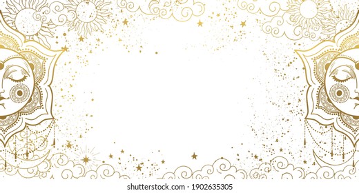 White magic background with sleeping golden sun with face, space decor with copy space and stars. Layout for astrology, tarot, banner for the witch. Divine boho design, hand drawn vector illustration,