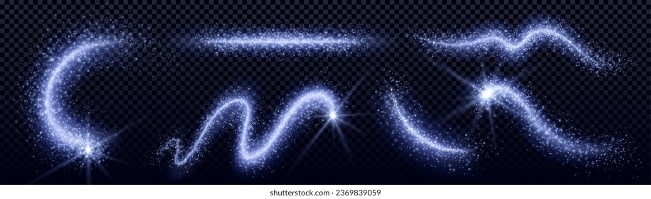 White magic energy swirls isolated on transparent background. Vector realistic illustration of fresh wind vortex, abstract neon curves with bright shining particles, speed effect, cool air flow