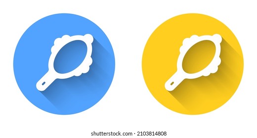 White Magic hand mirror icon isolated with long shadow background. Circle button. Vector