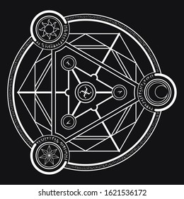 White magic incantation circle with fantasy alphabets spell (named Fotonth) and symbol of sun moon star on black background