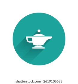 White Magic lamp or Aladdin lamp icon isolated with long shadow. Spiritual lamp for wish. Green circle button. Vector Illustration