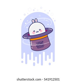 White magic rabbit in the hat. Kawaii illustration. Japanese kawaii style.      