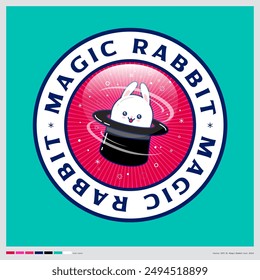 White magic rabbit in the top hat. Kawaii emblem. Japanese kawaii style.  