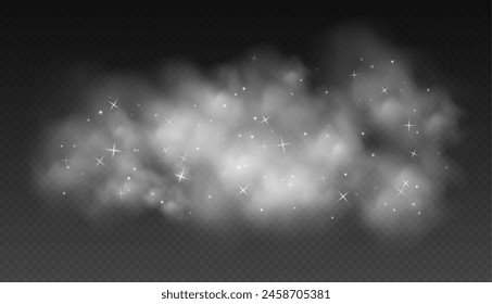 White magic smoke with stars and sparkles, fog with glowing particles, colorful vapor with star dust. Fantasy haze overlay. Vector illustration.