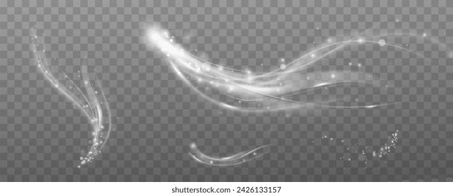 White magic spiral swirl line with dust.Light effect.Bright flash with wind curve on transparent background.Flying particles.Magic spiral, twisting effect with stars.