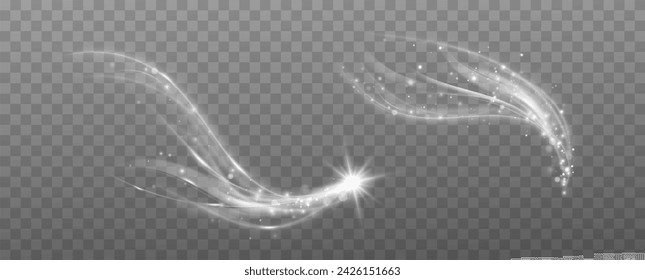 White magic spiral swirl line with dust.Light effect.Bright flash with wind curve on transparent background.Flying particles.Magic spiral, twisting effect with stars.