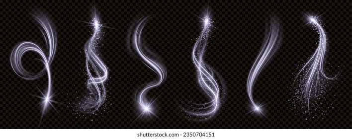 White magic spiral vortex line light glow effect. Shiny wind curve flare with sparkle png on transparent background. Isolated flying spell particle vector whirlpool. Star blink motion in galaxy