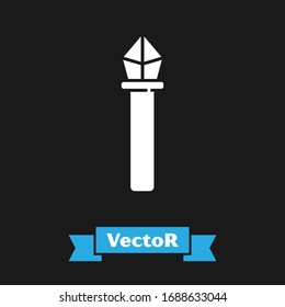 Icono del personal de White Magic aislado en fondo negro. Varita mágica, cetro, palo, vara. Ilustración vectorial