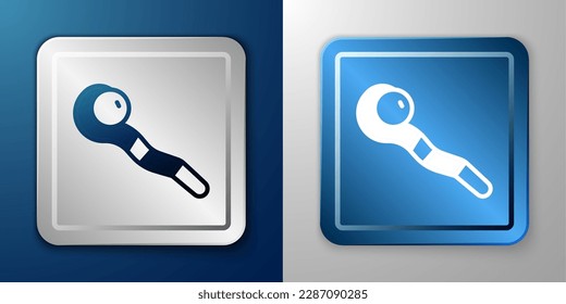 White Magic staff icon isolated on blue and grey background. Magic wand, scepter, stick, rod. Silver and blue square button. Vector