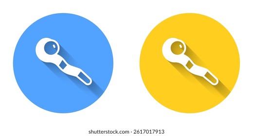 White Magic staff icon isolated with long shadow background. Magic wand, scepter, stick, rod. Circle button. Vector
