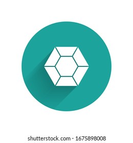 White Magic stone icon isolated with long shadow. Fantasy crystal. Jewelry gem for game. Green circle button. Vector Illustration