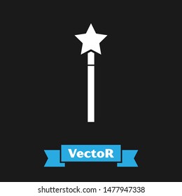White Magic wand icon isolated on black background. Star shape magic accessory. Magical power.  Vector Illustration