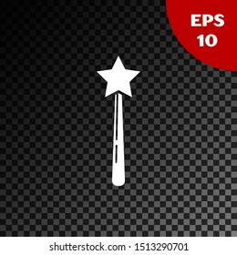 White Magic wand icon isolated on transparent dark background. Star shape magic accessory. Magical power.  Vector Illustration
