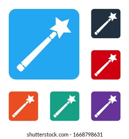 White Magic wand icon isolated on white background. Star shape magic accessory. Magical power. Set icons in color square buttons. Vector Illustration