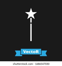 White Magic wand icon isolated on black background. Star shape magic accessory. Magical power.  Vector Illustration