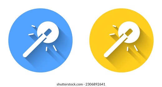 White Magic wand icon isolated with long shadow background. Star shape magic accessory. Magical power. Happy Halloween party. Circle button. Vector