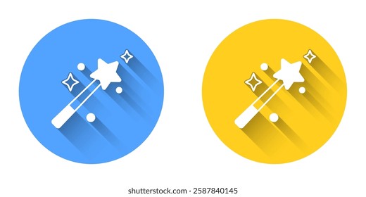 White Magic wand icon isolated with long shadow background. Star shape magic accessory. Magical power. Circle button. Vector