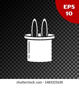 White Magician hat and rabbit ears icon isolated on transparent dark background. Magic trick. Mystery entertainment concept.  Vector Illustration