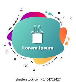 White Magician hat and rabbit ears icon isolated on white background. Magic trick. Mystery entertainment concept. Abstract banner with liquid shapes. Vector Illustration