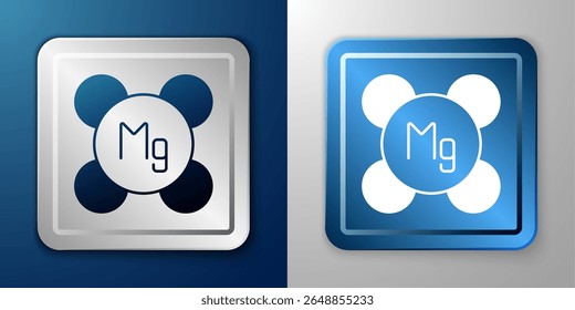 White Magnesium chemical element icon isolated on isolated on blue and grey background. Silver and blue square button. Vector