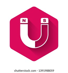 White Magnet icon isolated with long shadow. Horseshoe magnet, magnetism, magnetize, attraction sign. Pink hexagon button. Vector Illustration