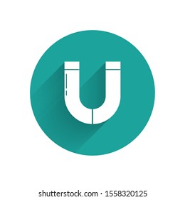 White Magnet icon isolated with long shadow. Horseshoe magnet, magnetism, magnetize, attraction. Green circle button. Vector Illustration