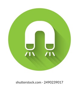 White Magnet icon isolated with long shadow. Horseshoe magnet, magnetism, magnetize, attraction. Green circle button. Vector