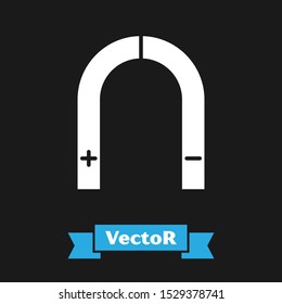 White Magnet icon isolated on black background. Horseshoe magnet, magnetism, magnetize, attraction.  Vector Illustration
