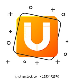 White Magnet icon isolated on white background. Horseshoe magnet, magnetism, magnetize, attraction. Orange square button. Vector Illustration