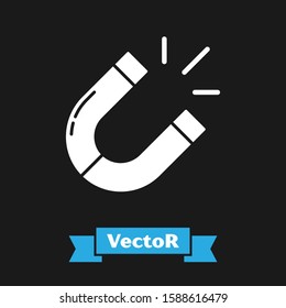 White Magnet icon isolated on black background. Horseshoe magnet, magnetism, magnetize, attraction.  Vector Illustration