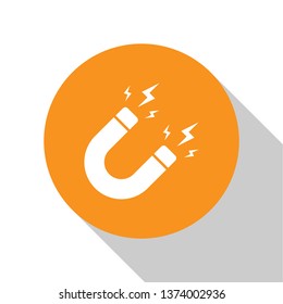 White Magnet with lightning icon isolated on white background. Horseshoe magnet, magnetism, magnetize, attraction sign. Orange circle button. Flat design. Vector Illustration