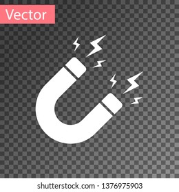 White Magnet with lightning icon isolated on transparent background. Horseshoe magnet, magnetism, magnetize, attraction sign. Vector Illustration