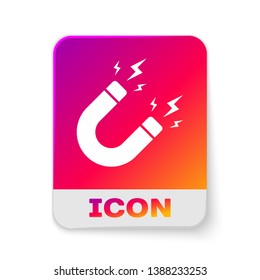White Magnet with lightning icon isolated on white background. Horseshoe magnet, magnetism, magnetize, attraction sign. Rectangle color button. Vector Illustration