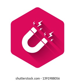 White Magnet with lightning icon isolated with long shadow. Horseshoe magnet, magnetism, magnetize, attraction sign. Pink hexagon button. Vector Illustration