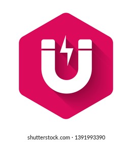 White Magnet with lightning icon isolated with long shadow. Horseshoe magnet, magnetism, magnetize, attraction sign. Pink hexagon button. Vector Illustration