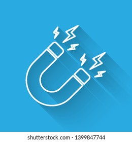 White Magnet with lightning line icon isolated with long shadow. Horseshoe magnet, magnetism, magnetize, attraction sign. Vector Illustration