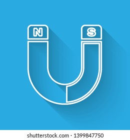 White Magnet line icon isolated with long shadow. Horseshoe magnet, magnetism, magnetize, attraction sign. Vector Illustration