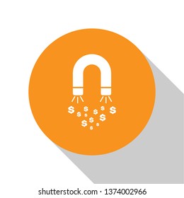 White Magnet with money icon isolated on white background. Concept of attracting investments, money. Big business profit attraction and success. Orange circle button. Flat design. Vector Illustration